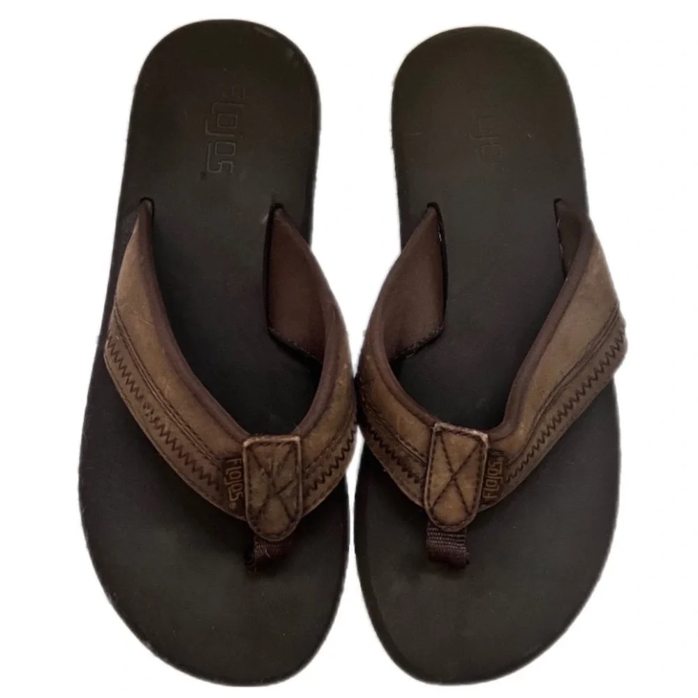 Flojos Flip Flop Sandals Brown Faux Leather Comfort Beach Shoes Size 11.5in